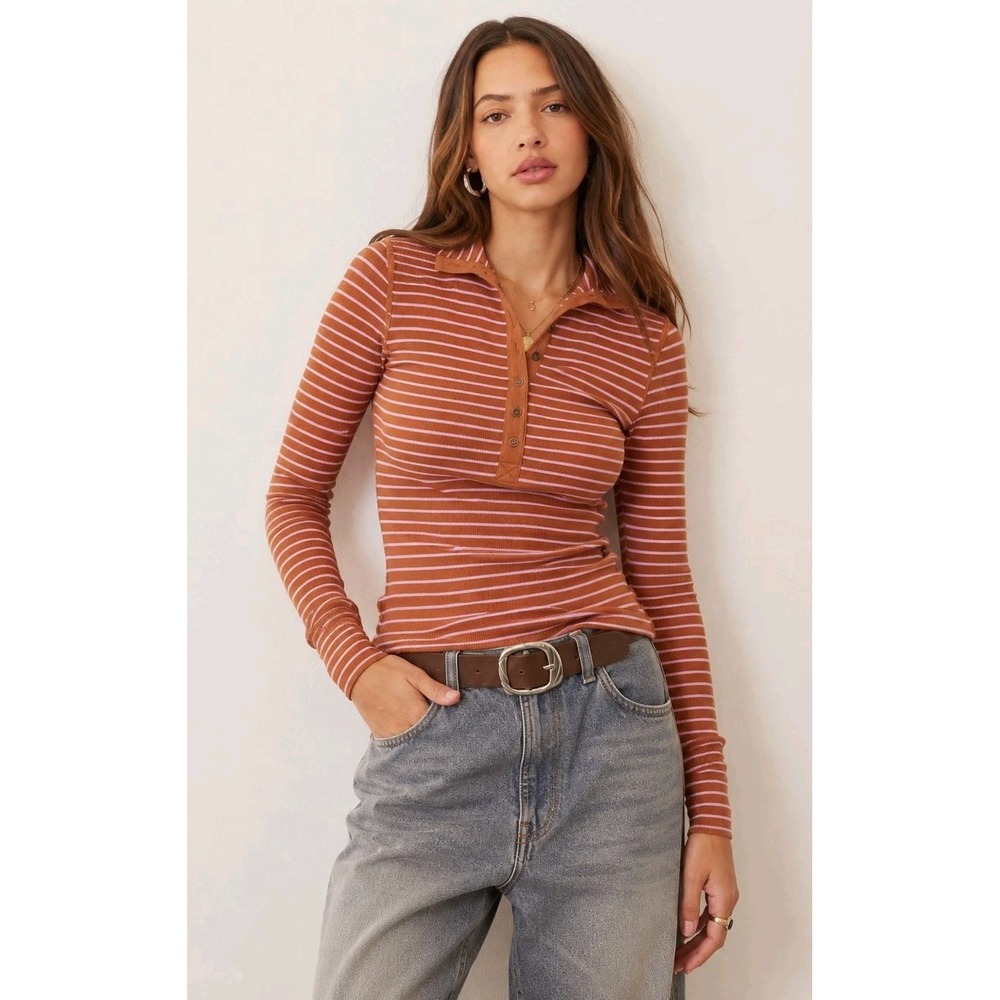 Free People Jamie Henley Cinnamon Striped Ribbed Long Sleeve Top L